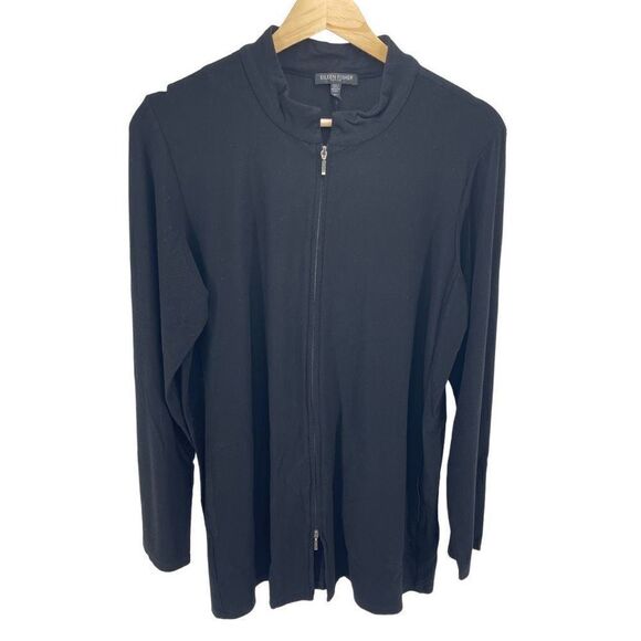 Eileen Fisher Womens Full Zip Jacket Long Sleeve Longline Black Petite Large - Picture 1 of 9
